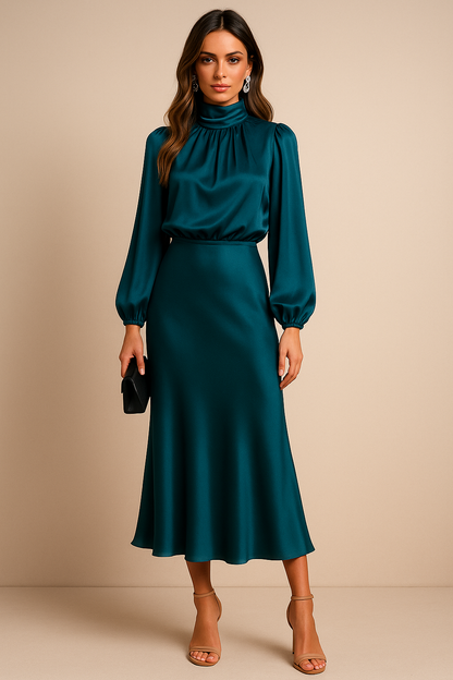 Vestido Mujer Satín Elegante Cintura