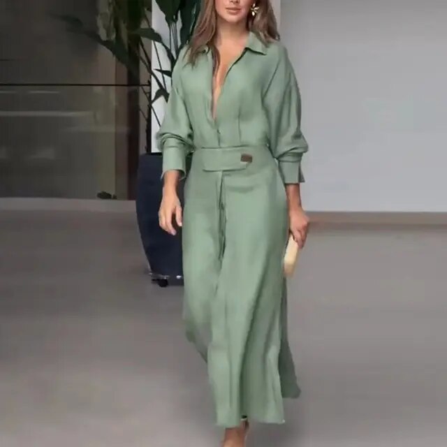 Vestido Elegante Manga Larga Cinturón Elástico