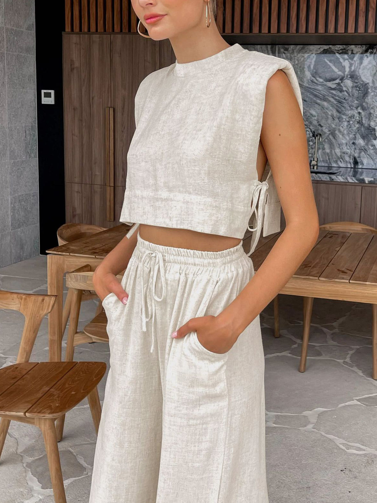Pantalón Lino Ancho Cómo Conjunto Dos Piezas - Vestiria