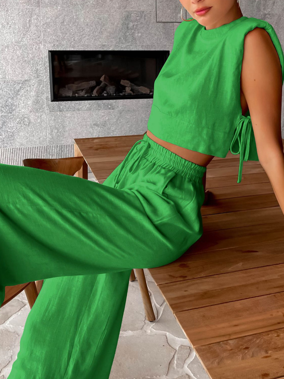 Pantalón Lino Ancho Cómo Conjunto Dos Piezas