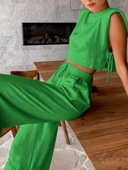 Pantalón Lino Ancho Cómo Conjunto Dos Piezas