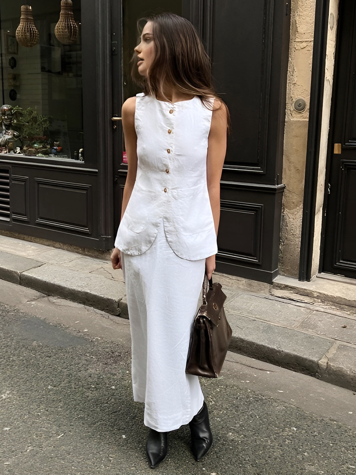Conjunto Falda Cuello Cuadrado Blanco Elegante - Vestiria