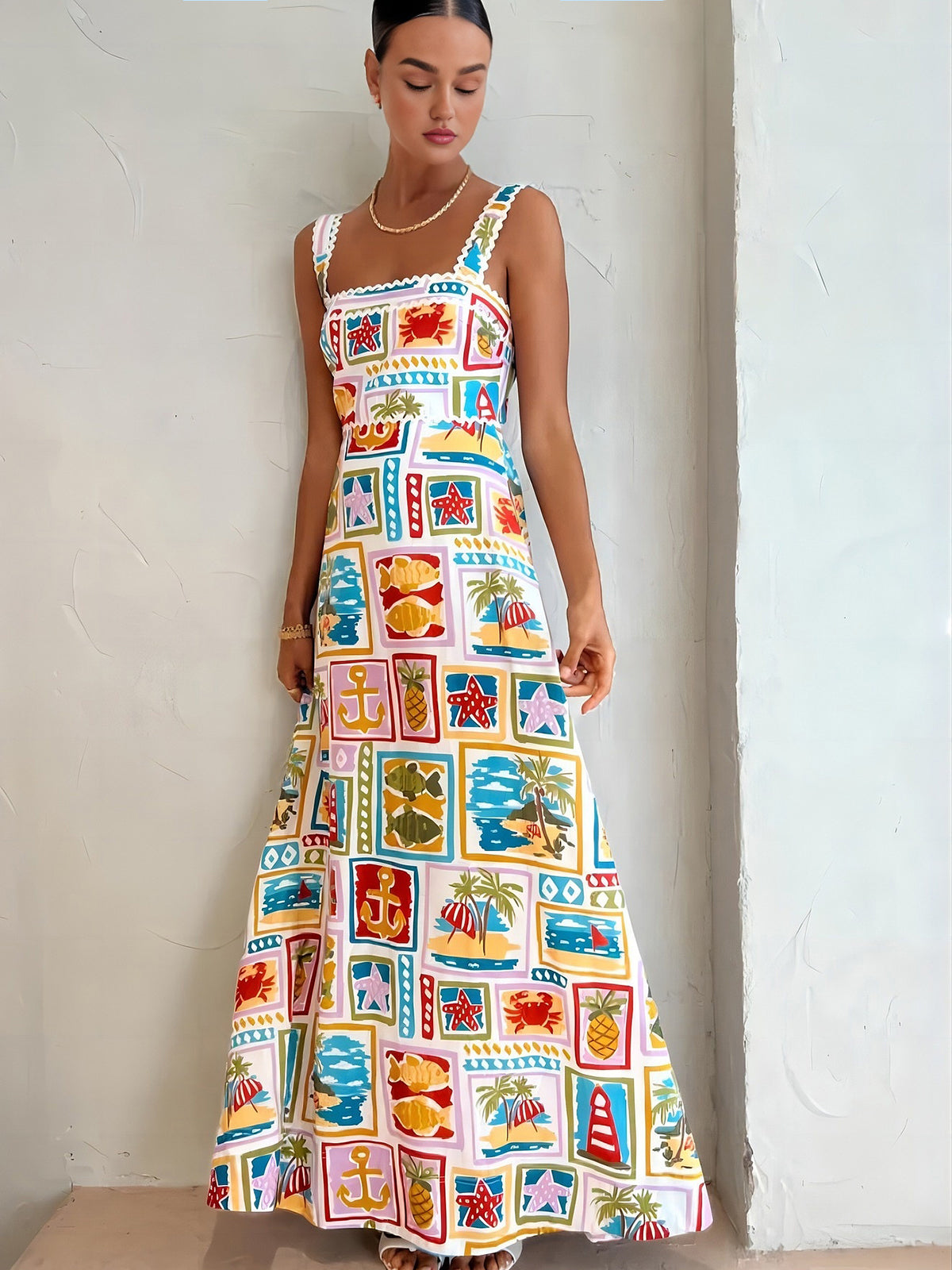 Vestido Fiesta Estampado Colorido Sin Mangas