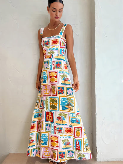 Vestido Fiesta Estampado Colorido Sin Mangas