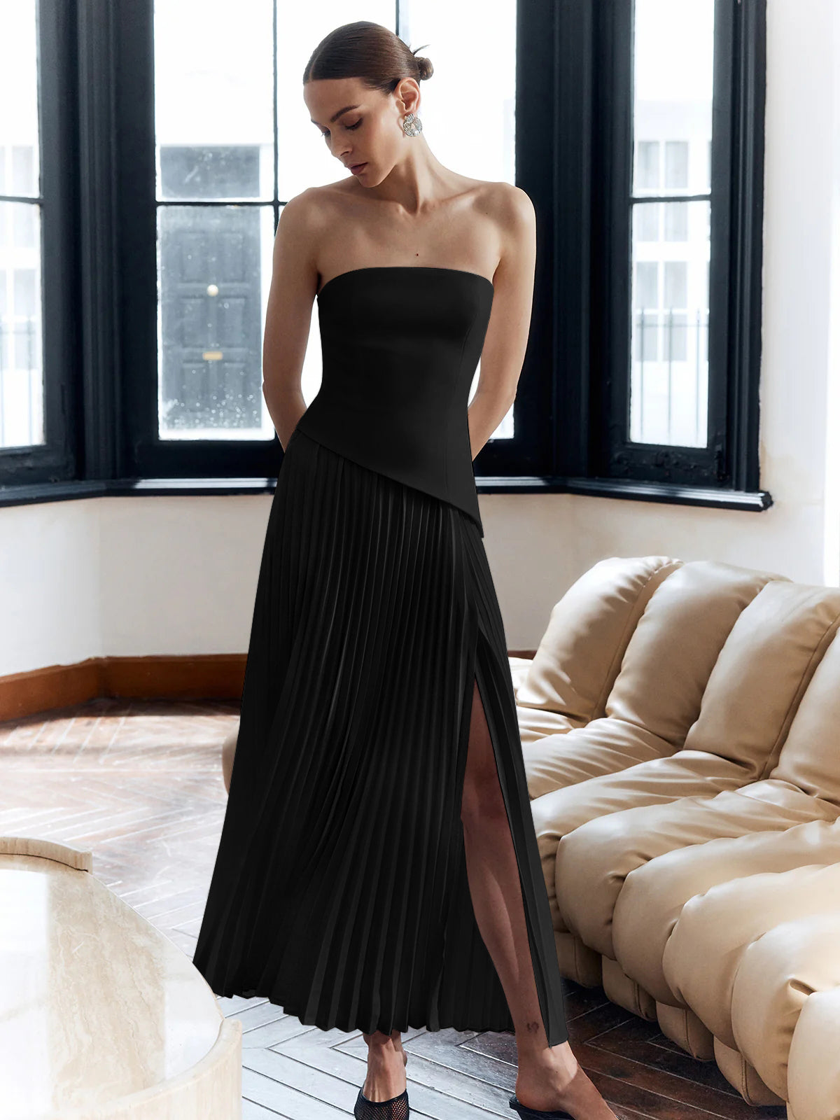 Vestido Plisado Sin Tirantes Escote Corazón