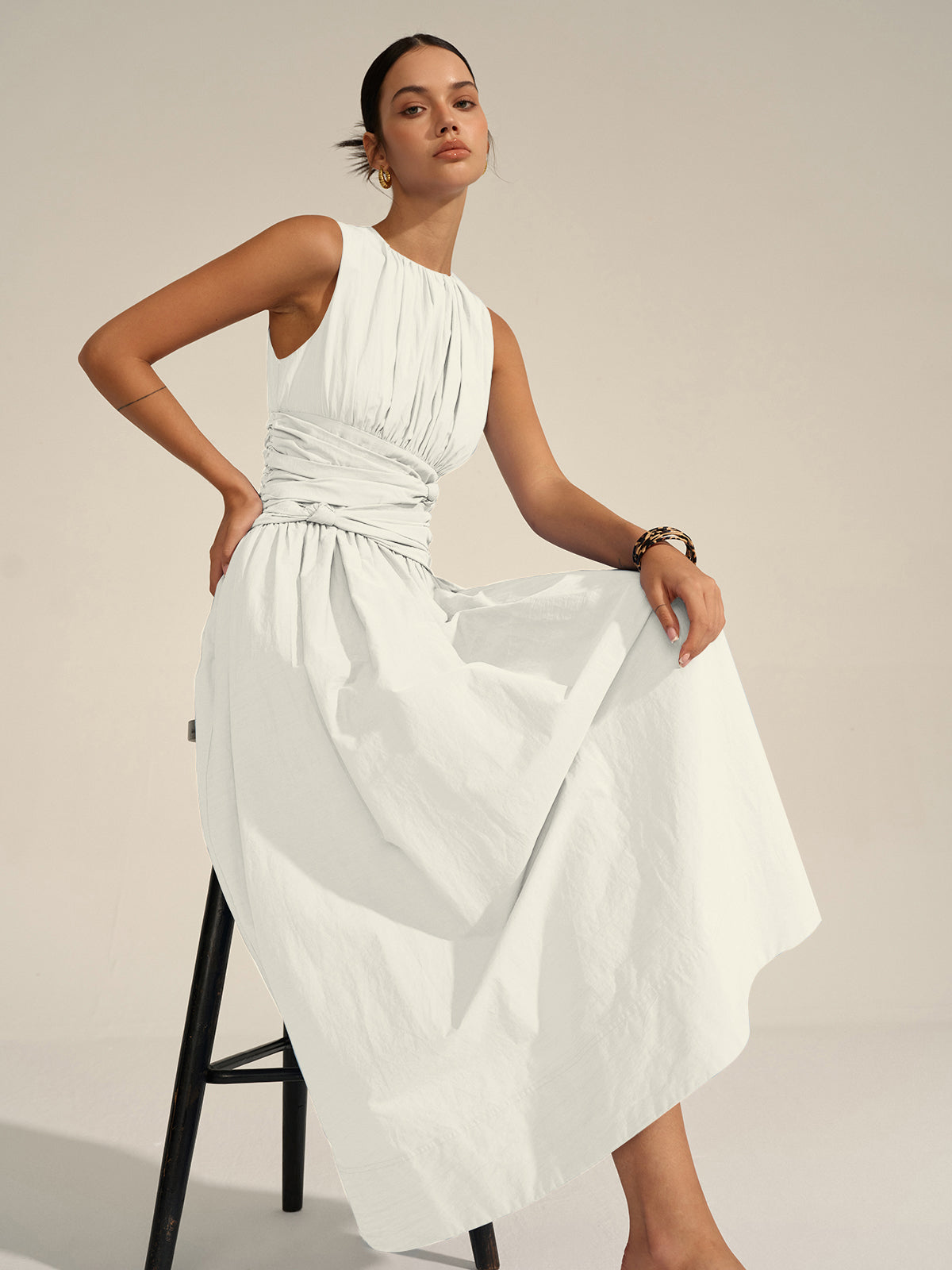 Vestido Largo Cintura Fruncida Elegante