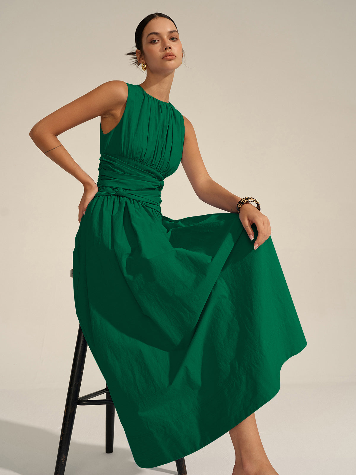 Vestido Largo Cintura Fruncida Elegante