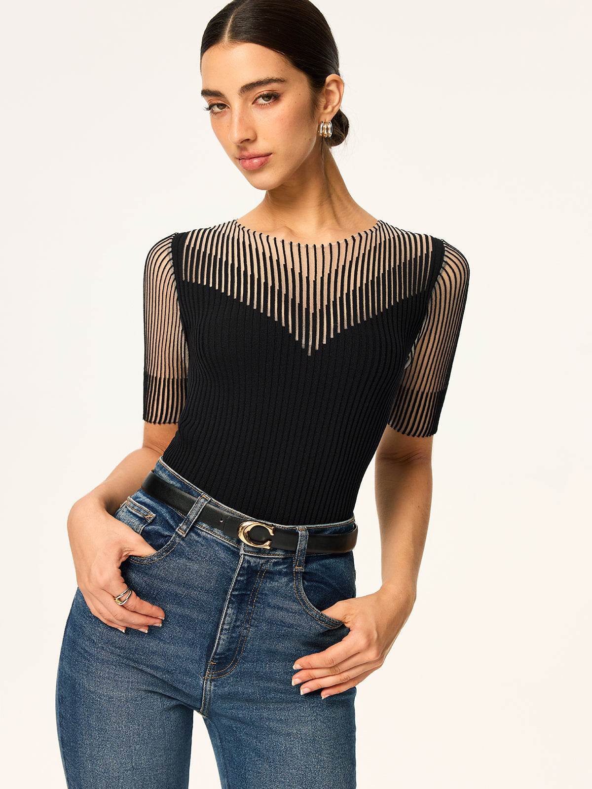 Top de punto estampado con detalles transparentes - Vestiria