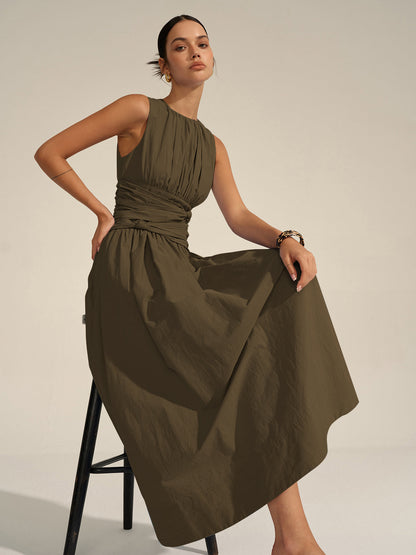Vestido Largo Cintura Fruncida Elegante