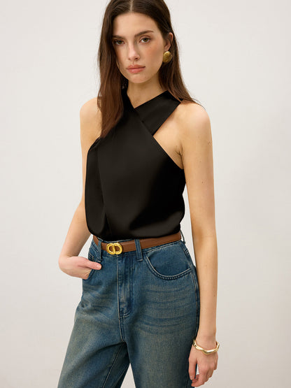 Top sin mangas de seda con cuello en cruz - Elegante