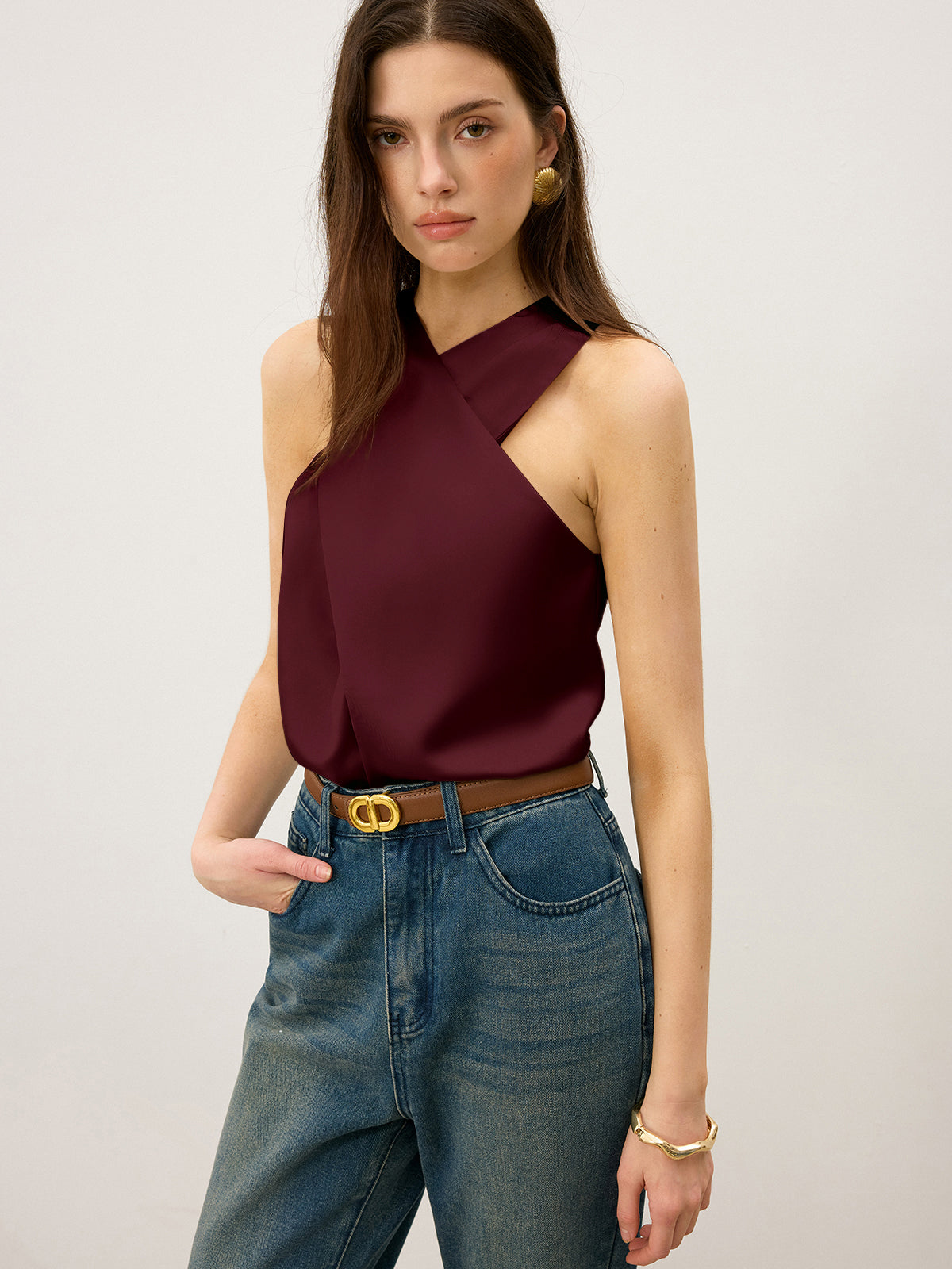 Top sin mangas de seda con cuello en cruz - Elegante