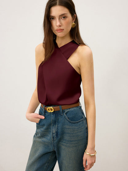 Top sin mangas de seda con cuello en cruz - Elegante