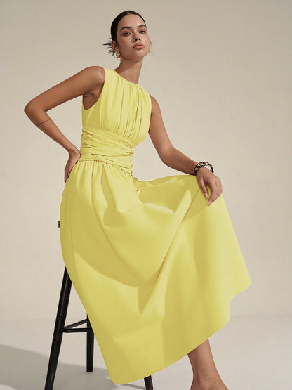 Vestido Largo Cintura Fruncida Elegante