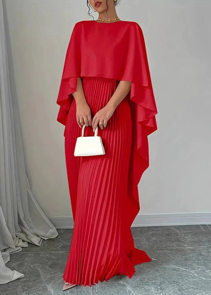 Vestido Largo Elegante con Capa Plisada Mujer