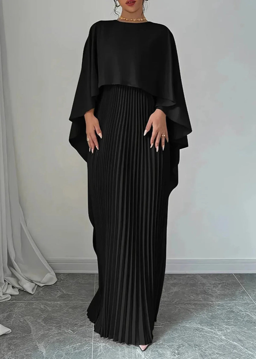 Vestido Largo Elegante con Capa Plisada Mujer - Vestiria