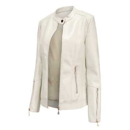 Chaqueta Cuero Mujer Cuello Redondo Clásica