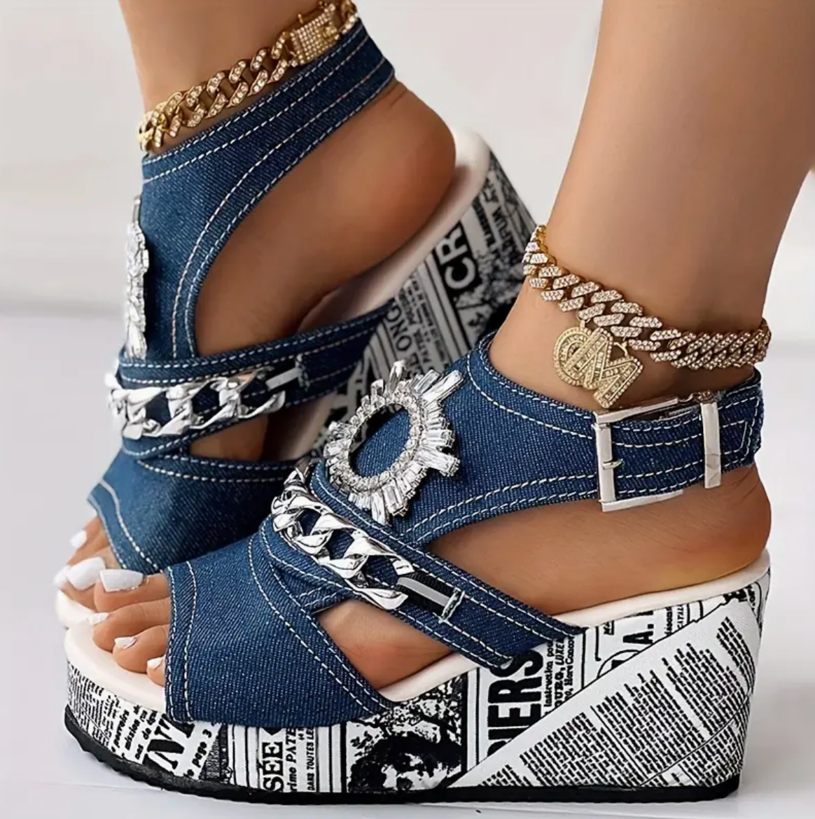Sandalias de Plataforma Verano con Cadena Brillante - Vestiria