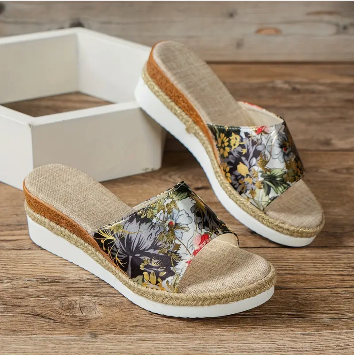 Sandalias Tacón Cuña Mujer Estampado Flor - Vestiria