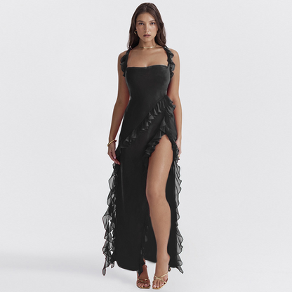 Vestido Maxi Florado con Volantes y Escote
