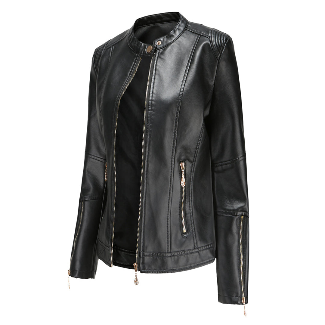 Chaqueta Cuero Mujer Cuello Redondo Clásica - Vestiria