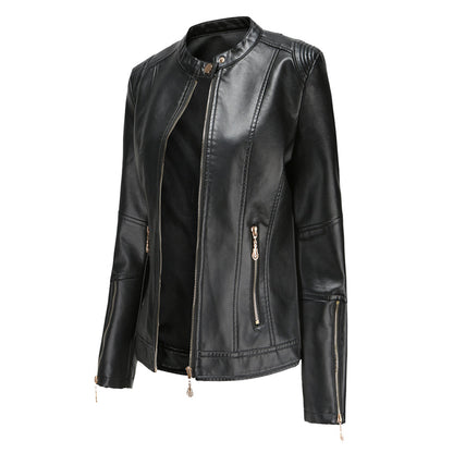 Chaqueta Cuero Mujer Cuello Redondo Clásica - Vestiria
