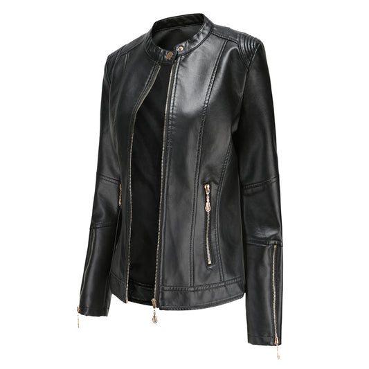 Chaqueta Cuero Mujer Cuello Redondo Clásica - Vestiria