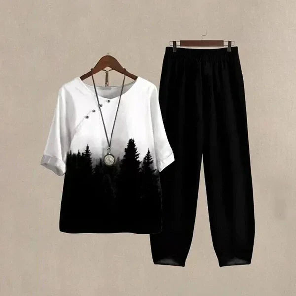 Blusa Flor y Pantalón Mujer Elegante