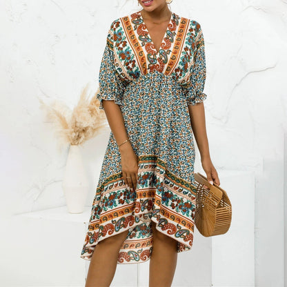 Vestido Floral Midi Elegante con Escote en V - Vestiria