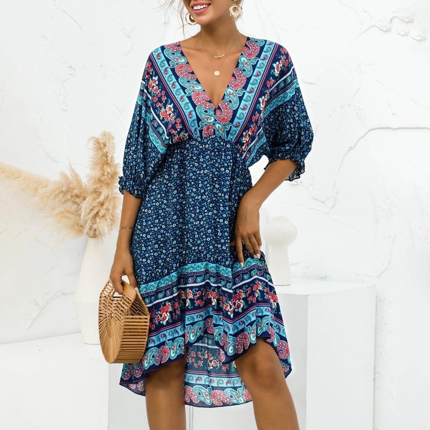 Vestido Floral Midi Elegante con Escote en V