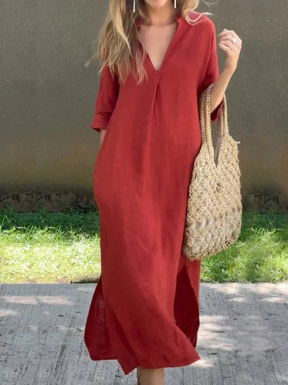 Vestido manga corta cómodo escote V