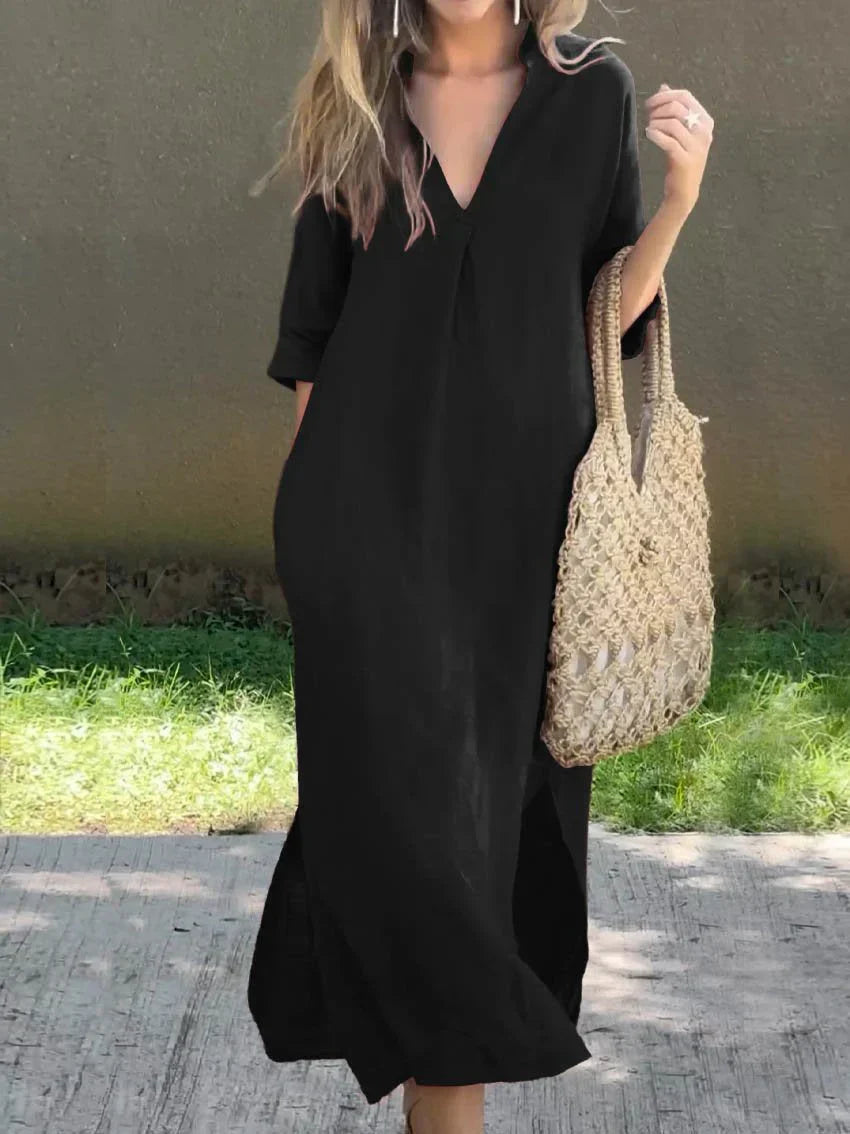 Vestido manga corta cómodo escote V