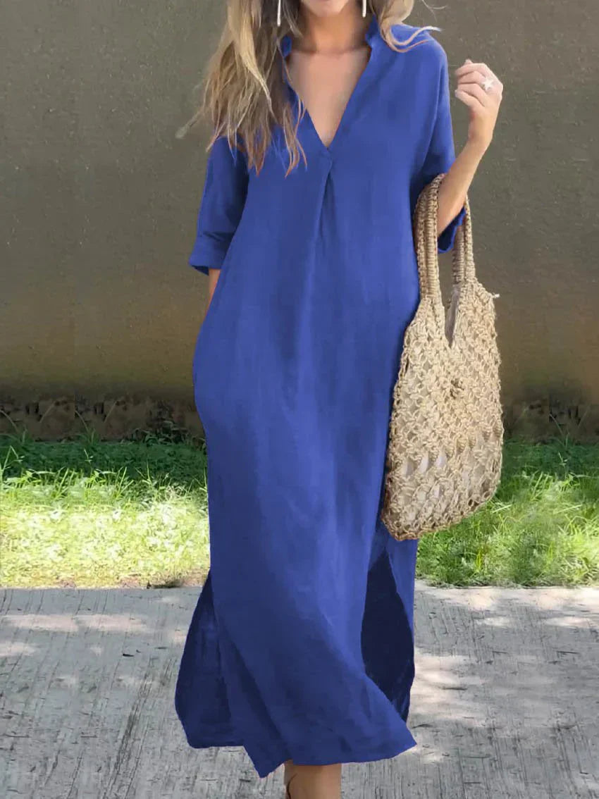 Vestido manga corta cómodo escote V