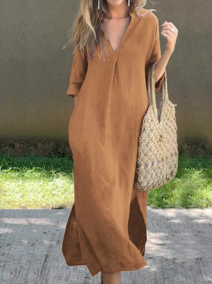 Vestido manga corta cómodo escote V