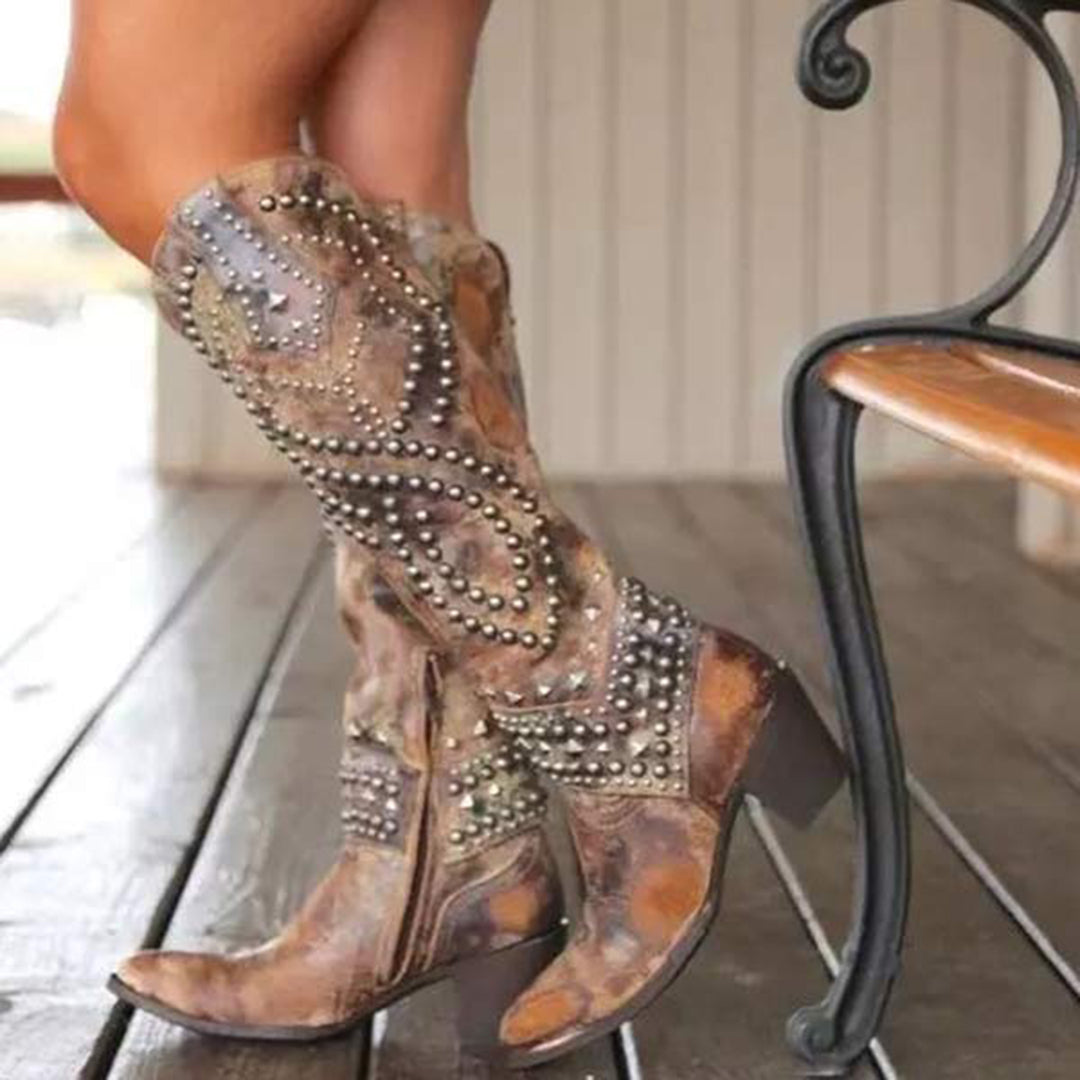 Botas Mujer Piel Tachuelas Tacón Alto - Vestiria
