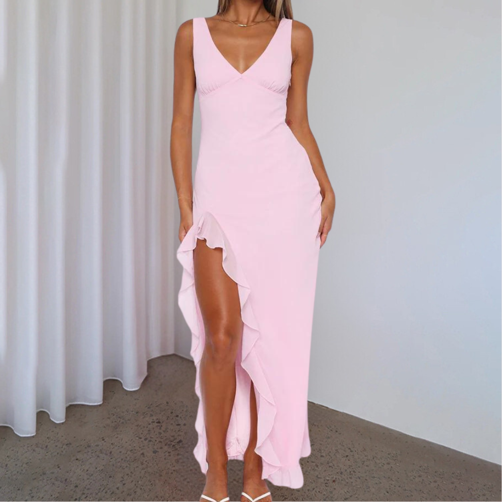 Vestido Elegante Sin Mangas con Volantes - Vestiria