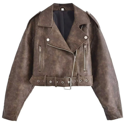 Chaqueta Cuero Mujer Estilo Rockero Cinturón