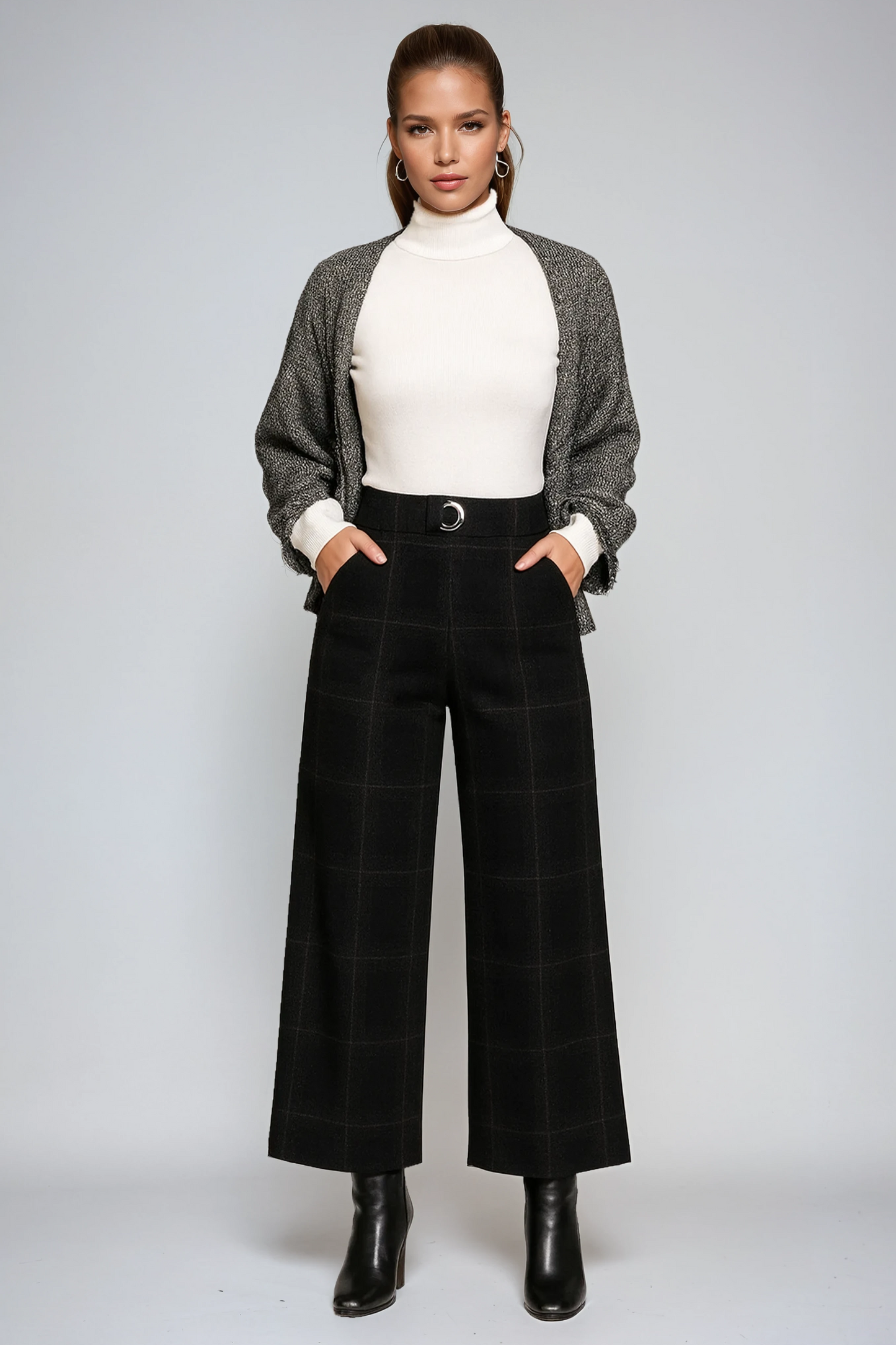 Pantalón Mujer Cuadriculado Cintura Alta Amplio - Vestiria