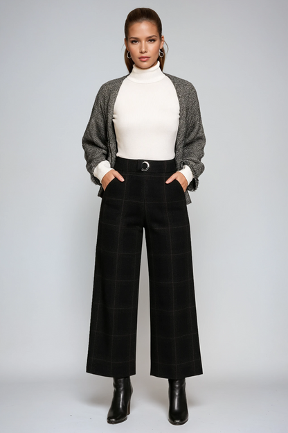 Pantalón Mujer Cuadriculado Cintura Alta Amplio - Vestiria