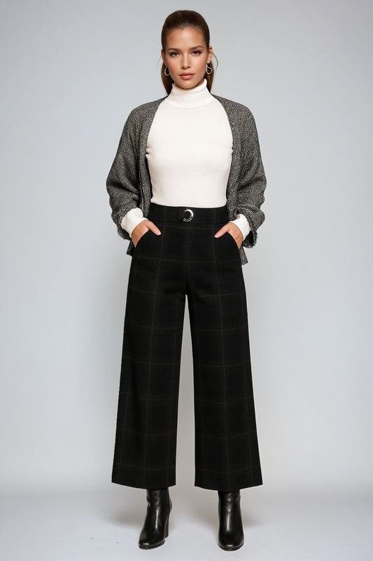 Pantalón Mujer Cuadriculado Cintura Alta Amplio - Vestiria