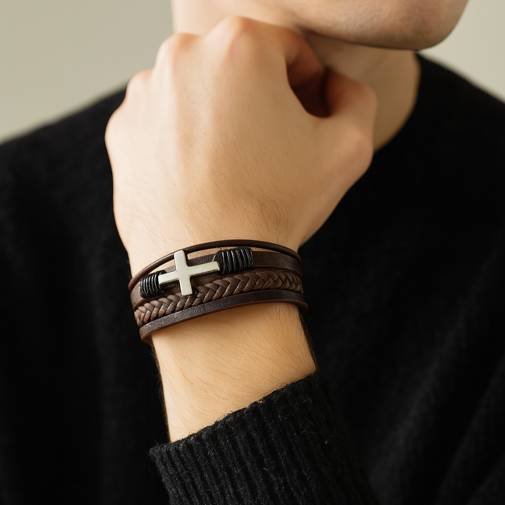 Pulsera Hombre Cuero Trenzado con Cruz Metálica - Vestiria