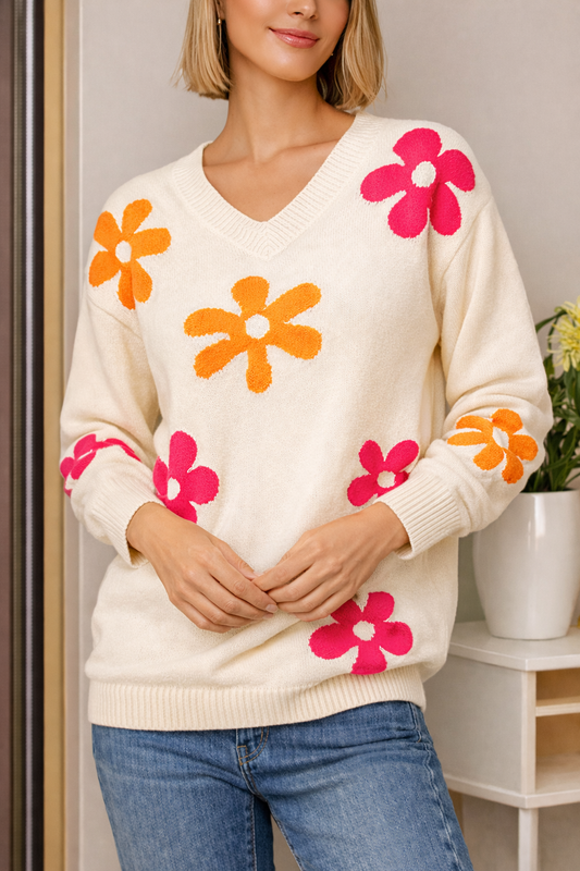 Jersey de punto floral mujer escote en V - Vestiria