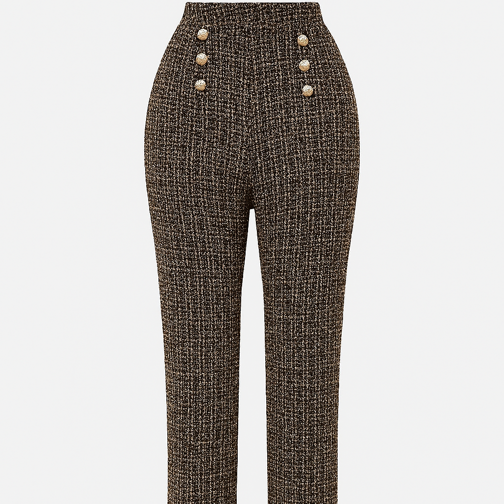 Pantalón Mujer Tweed Cintura Alta Botones Elegantes - Vestiria