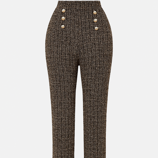 Pantalón Mujer Tweed Cintura Alta Botones Elegantes - Vestiria