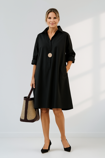 Vestido Camisero Grande Mujer Negro Elegante - Vestiria