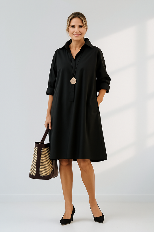 Vestido Camisero Grande Mujer Negro Elegante - Vestiria