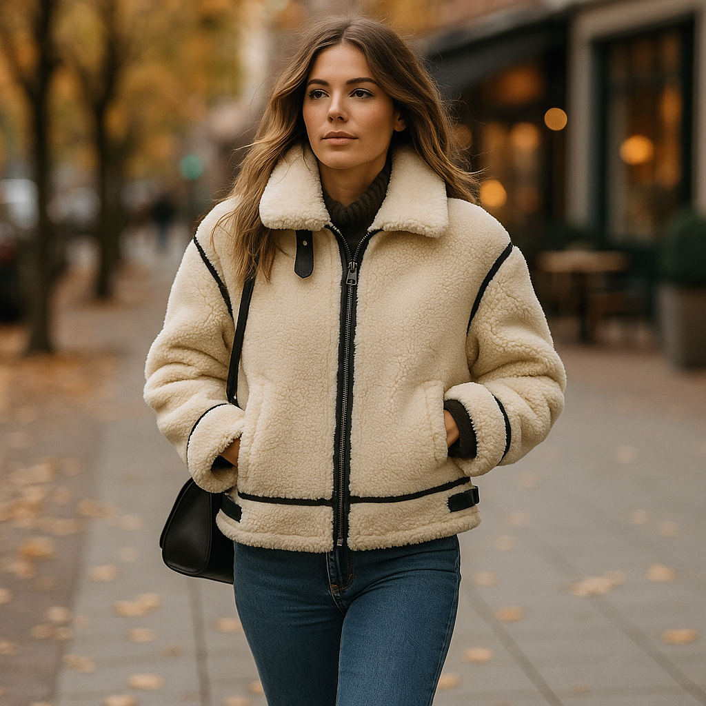 Chaqueta felpa mujer cuello alto elegante - Vestiria