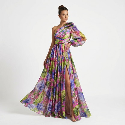 Vestido Maxi Florido con Un Hombro para Mujer - Clara Moda