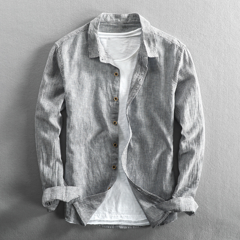 Camisa Lino Estampado Rayas Clásica