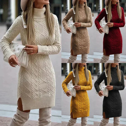 Vestido de punto cuello alto trenzado femenino
