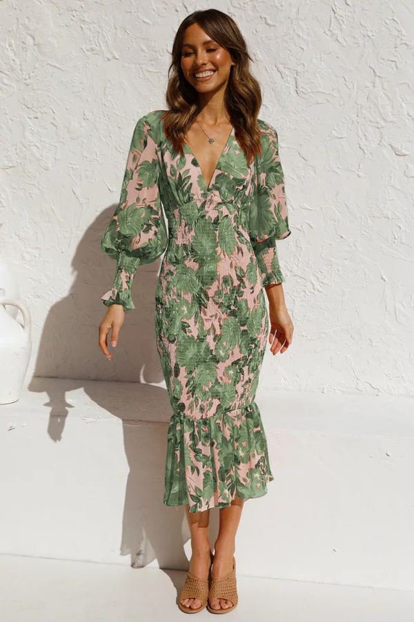 Vestido Floral Mujer Mangas Amplias Elegante